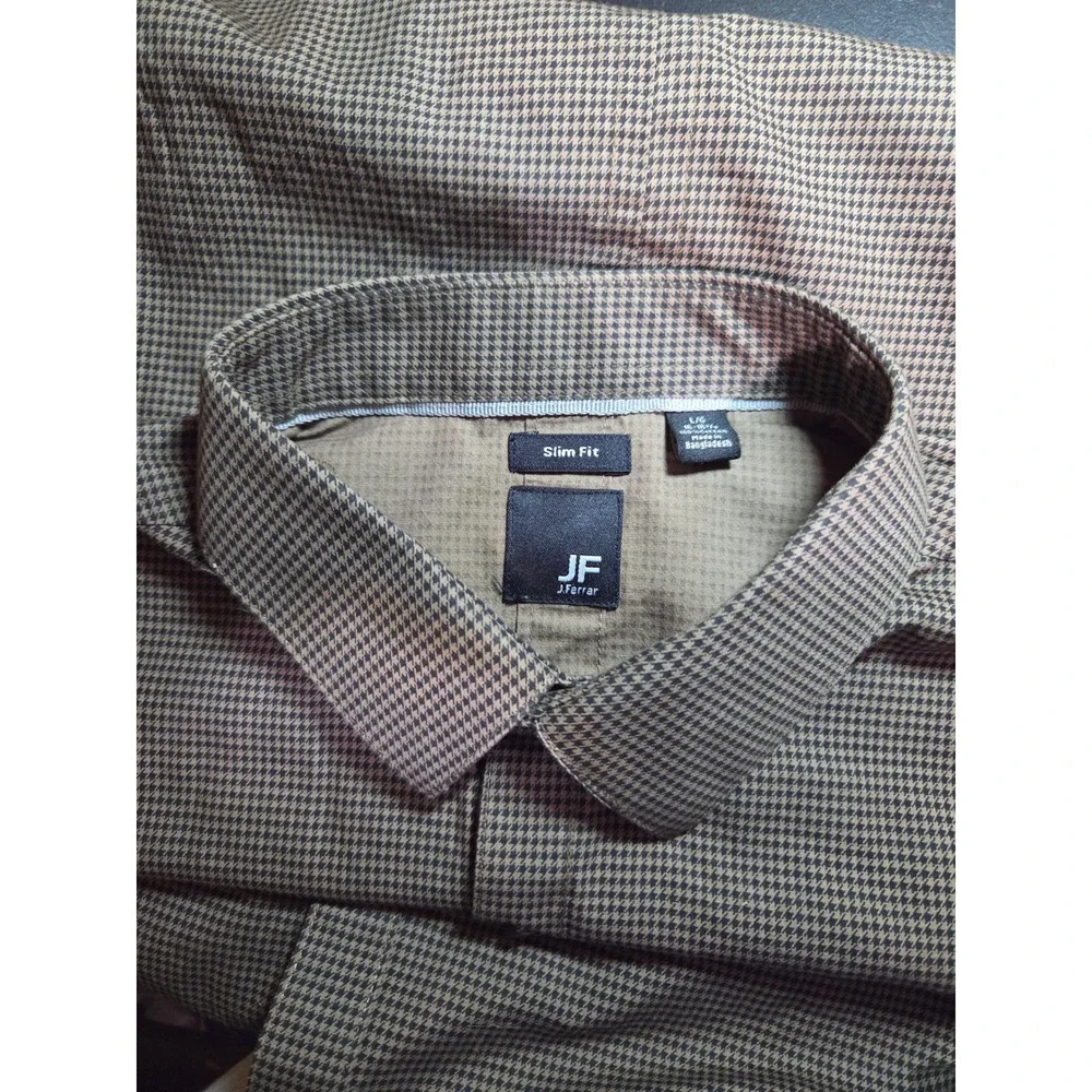 J. Ferrar Mens Slim Fit Houndstooth Button Down Shirt Brown Black Long Sleeve L